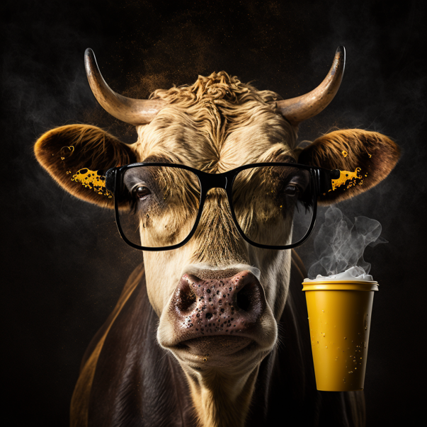 Mascote da Moovie237: vaca de óculos escuros tomando café